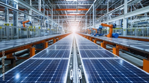 Industrial robotic arm on a production line in a modern solar panel factory