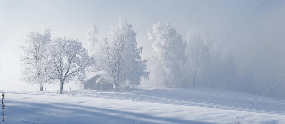 Tranquil winter scene of snow covered field with trees and fence under blue sky
