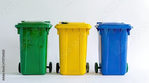 Colorful bins arranged artfully on a pristine white canvas – a symbol of eco-conscious living. Choose sustainability with our waste collection solutions!