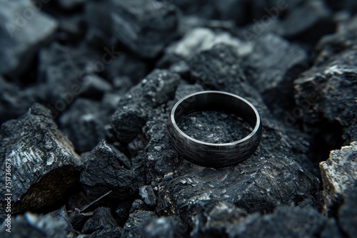 Wedding rings on the background of black coal, close-up. Perfect for jewelry store advertisements or engagement-related content with Copy Space.