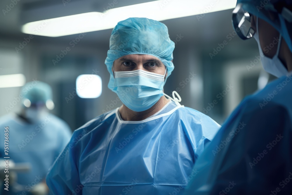 In the sterile expanse of the operating theater, a surgeon in blue stands with a composed posture, as colleagues around them ready the instruments and equipment for the procedure ahead In the sterile expanse of the operating theater, a surgeon in blue stands with a composed posture, as colleagues around them ready the instruments and equipment for the procedure ahead