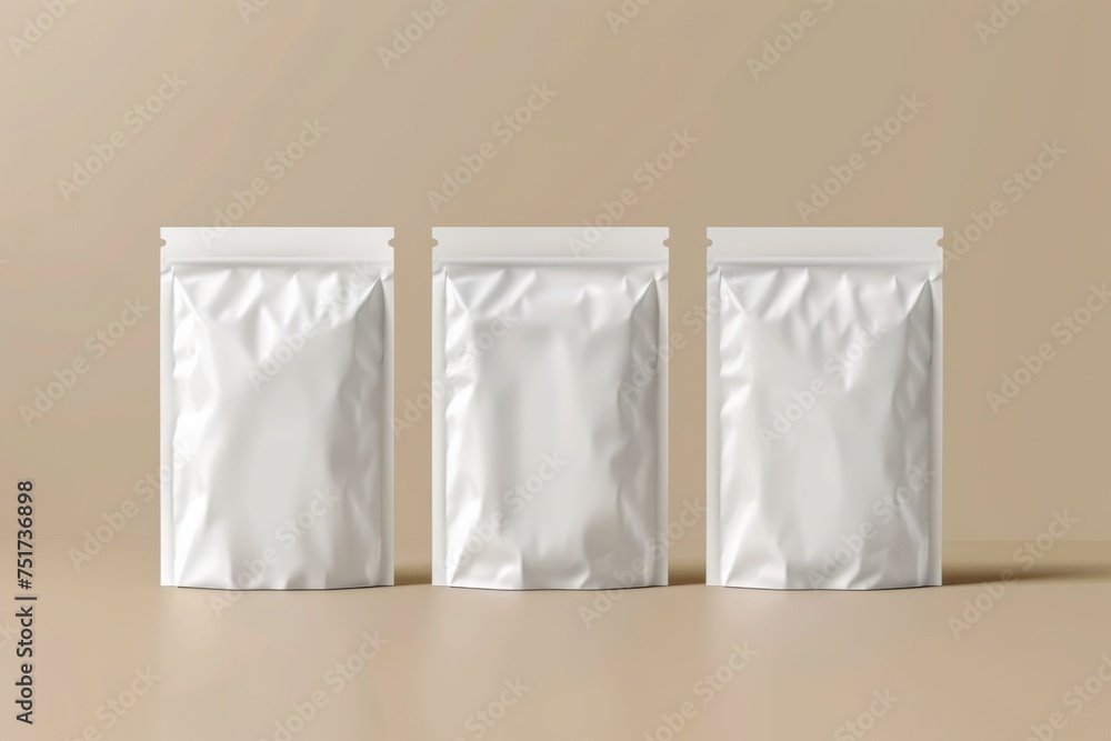 Blank coffee packagings, front view on a beige background, coffee packaging mockup with empty space to display your branding design Blank coffee packagings, front view on a beige background, coffee packaging mockup with empty space to display your branding design