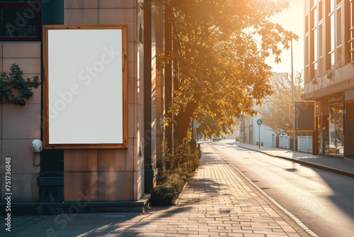 with empty white mock up banner for advertising, clear public information board in urban setting in sunny summer day, 
