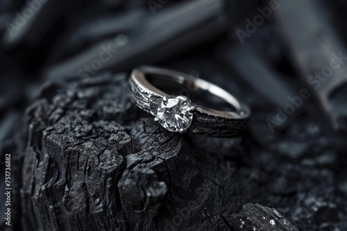 Wedding rings on a piece of coal. Jewelry background. Perfect for jewelry store advertisements or engagement-related content with Copy Space.