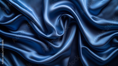 Elegant navy blue silk satin with silky shiny fabric. Dark luxury background with space for designing. Banner. Wide. Long. Panoramic. Template. Empty. Flat lay, top view table. Beautiful. Elegant.
