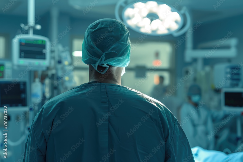 A medical professional, garbed in blue surgical attire, stands with their back to the camera in an operating room, the bright lights above casting a focused glow on the scene. A medical professional, garbed in blue surgical attire, stands with their back to the camera in an operating room, the bright lights above casting a focused glow on the scene.