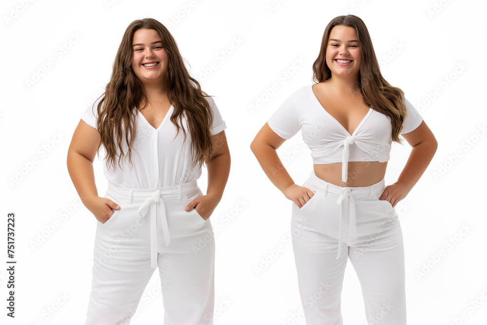 Woman posing before and after weight loss. Diet and healthy nutrition. Fitness results, get fit. Liposuction results, plastic surgery. Transformation from fat to athlete. Overweight and slim, training Woman posing before and after weight loss. Diet and healthy nutrition. Fitness results, get fit. Liposuction results, plastic surgery. Transformation from fat to athlete. Overweight and slim, training
