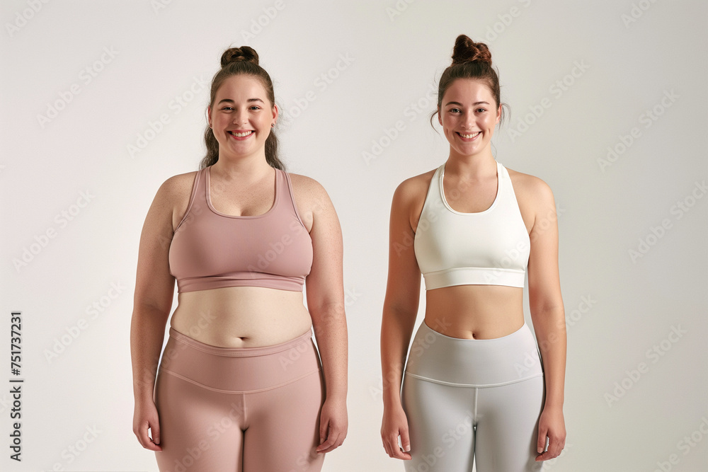 Obraz premium Woman posing before and after weight loss. Diet and healthy nutrition. Fitness results, get fit. Liposuction results, plastic surgery. Transformation from fat to athlete. Overweight and slim, training