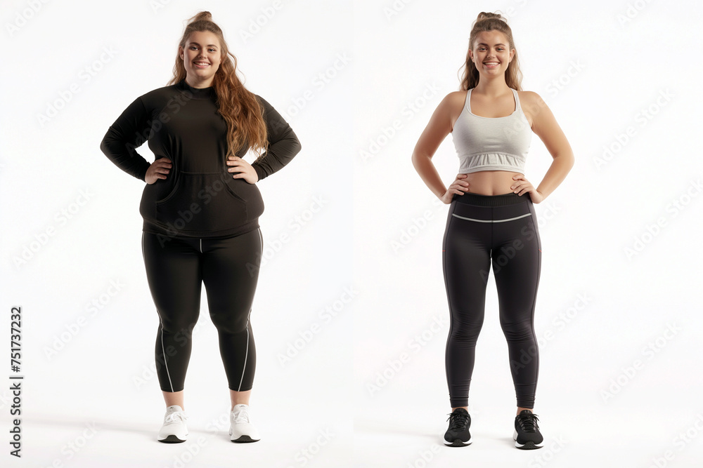 Woman posing before and after weight loss. Diet and healthy nutrition. Fitness results, get fit. Liposuction results, plastic surgery. Transformation from fat to athlete. Overweight and slim, training Woman posing before and after weight loss. Diet and healthy nutrition. Fitness results, get fit. Liposuction results, plastic surgery. Transformation from fat to athlete. Overweight and slim, training