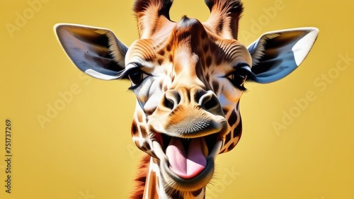 Portrait of giraffe smiling and laughing on yellow monochrome background. Space for text, free space, copyspace.