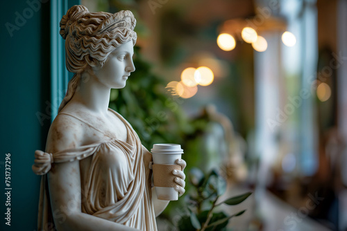 Female antique statue of Greek goddess holding a paper cup of coffee to go standing in a modern cafe. Coffee lover, caffeine addiction, morning routine. Enjoying a cup of coffee, contemporary art