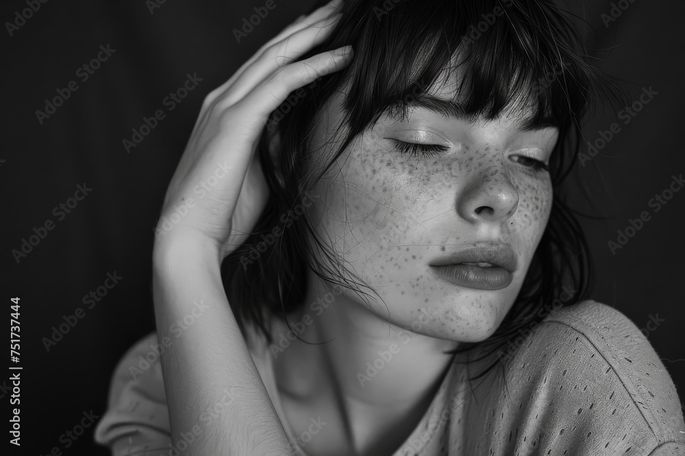 Dramatic black and white portrait of a beautiful girl with freckles in studio shot Dramatic black and white portrait of a beautiful girl with freckles in studio shot