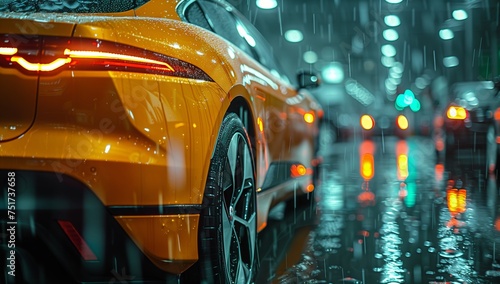 An alloy wheel yellow sports car with automotive lighting is driving down a wet city street at night, splashing water with its tires © RichWolf