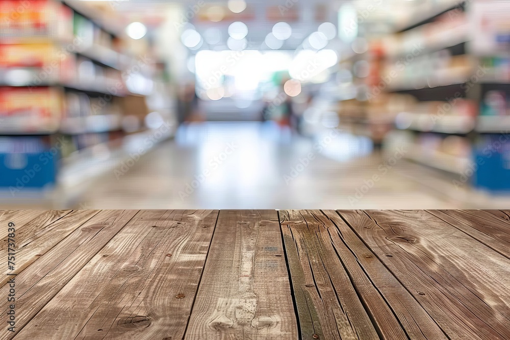 Empty wooden desk in front of a blurred supermarket backdrop