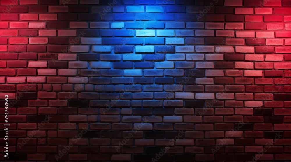 Red and Blue Lighting Effect on Brick Wall for Party Happiness Concept. Product Placement Showcase. Red and Blue Lighting Effect on Brick Wall for Party Happiness Concept. Product Placement Showcase.