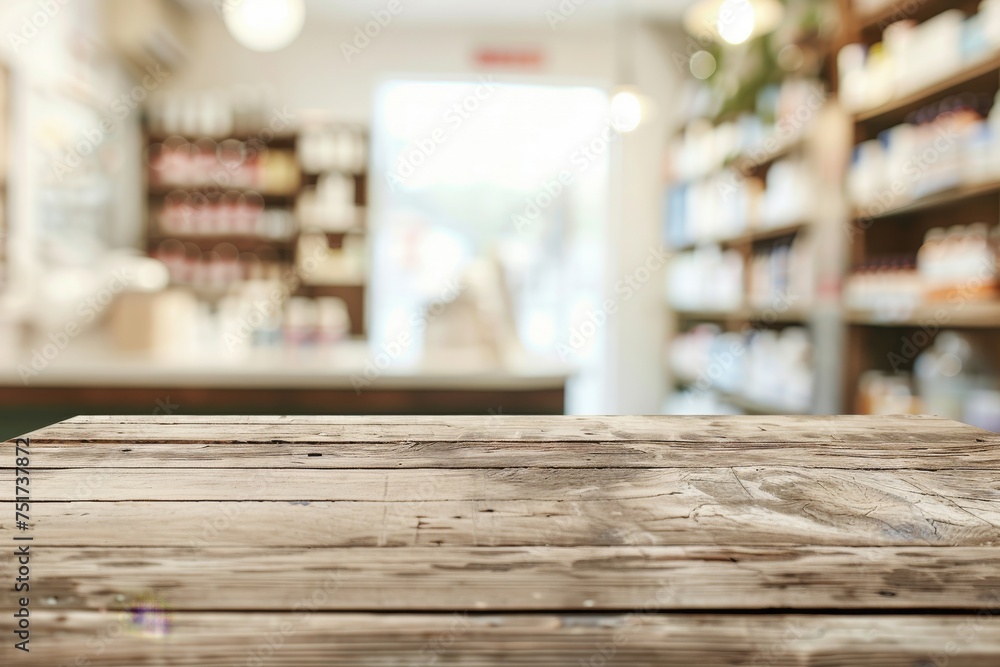 Empty wooden table in pharmacy store with blurred background for product display