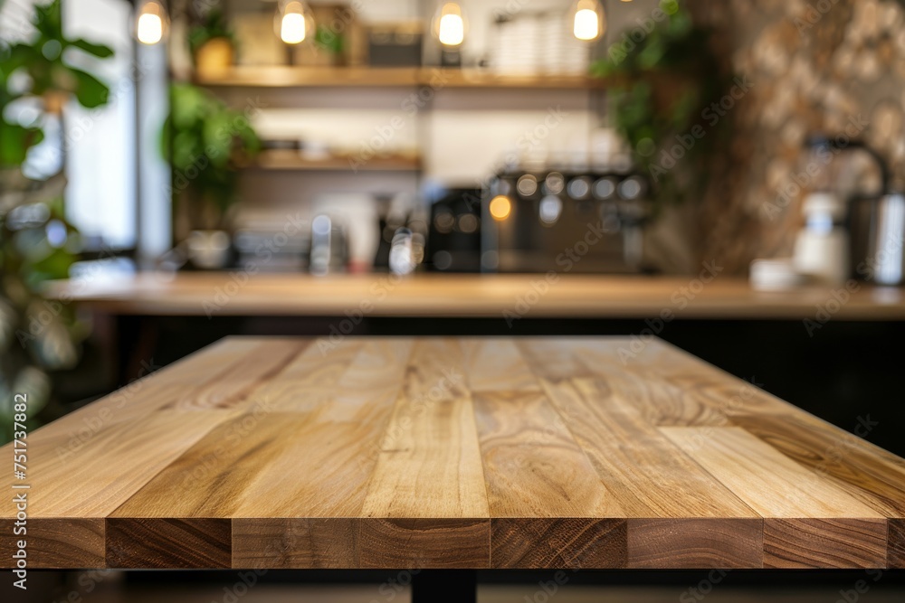 Empty wooden table top in coffee shop with blurred interior background mockup for product display Empty wooden table top in coffee shop with blurred interior background mockup for product display