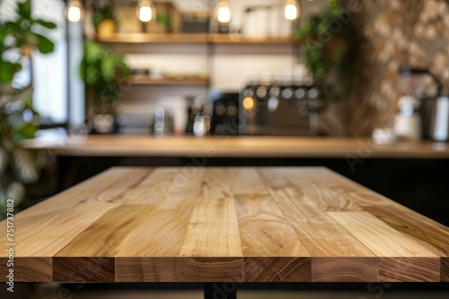 Empty wooden table top in coffee shop with blurred interior background mockup for product display
