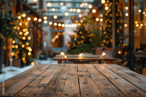 Empty wooden table with abstract warm living room decor and Christmas tree lights in background Perfect for holiday displays