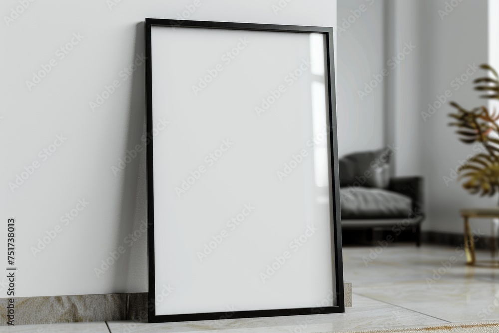 Empty thin black frame on light wooden floor with white wall behind it. Empty poster fram Empty thin black frame on light wooden floor with white wall behind it. Empty poster fram