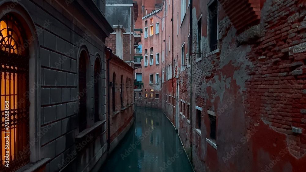 Medieval houses, narrow canals, bridges, gondolas in Venice, Italy, February 10, 2024. High quality 4k footage - obrazy, fototapety, plakaty 