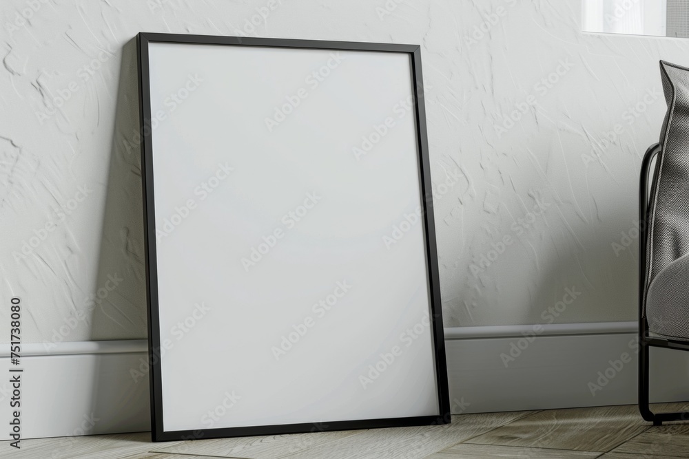 Empty thin black frame on light wooden floor with white wall behind it. Empty poster fram Empty thin black frame on light wooden floor with white wall behind it. Empty poster fram