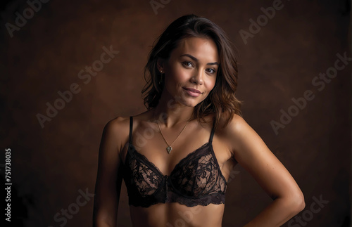 Beautiful sensual girl posing in lingerie. Excited positive lady dressed lingerie accepting herself empty space isolated brown color background © Royalty-Free