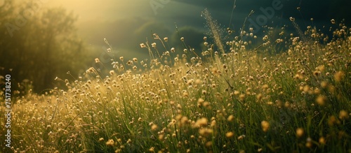 Beautiful field of grass under a shining sun in the background of a peaceful landscape © TheWaterMeloonProjec