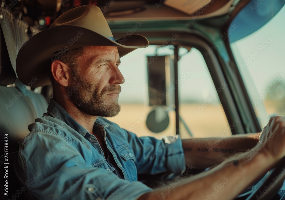 Experienced male truck driver in hat driving truck Professional transportation concept Experienced male truck driver in hat driving truck Professional transportation concept