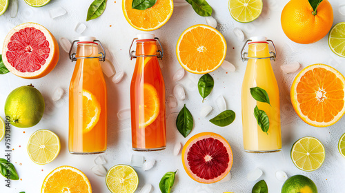 Citrus fruit juices, fresh and smoothies, food background, top view. Mix of different whole and cut fruits: orange, grapefruit, lime, tangerine with leaves and bottles with drinks on white table