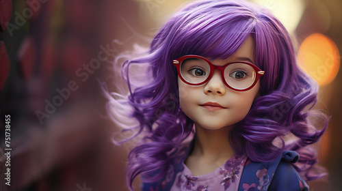 Girl 7 years old with purple hair, glasses and a purple dress.