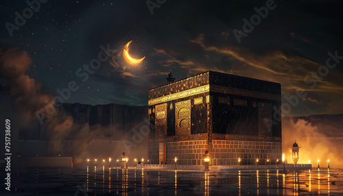 The Kaaba with the Rising Ramadan Crescent
