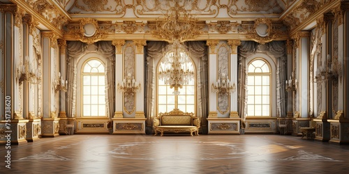 A classic extravagant European style palace room with gold decorations. Realistic illustration. wide format © Svitlana