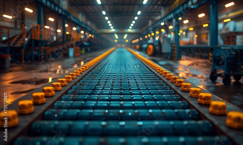 In a city factory, an electric blue conveyor belt with symmetrical blue and yellow rollers moves products along the line for mass production. The engineering marvel is powered by electricity © RichWolf