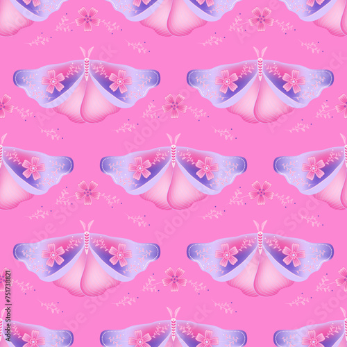 Night fly with floral ornamebt on wings vector seamless pattern,