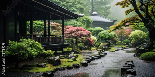 Japanese garden in the rain.