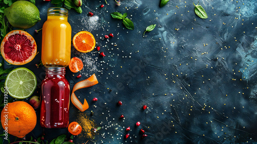 Fresh natural colorful, organic, juices over ingredients background