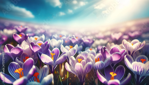 A field of blue and purple crocus flowers Easter Spring background banner