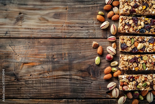 Gluten free granola bars with dried fruit nuts and seeds on a wooden surface Healthy vegan snack for active individuals Overhead view with room for text