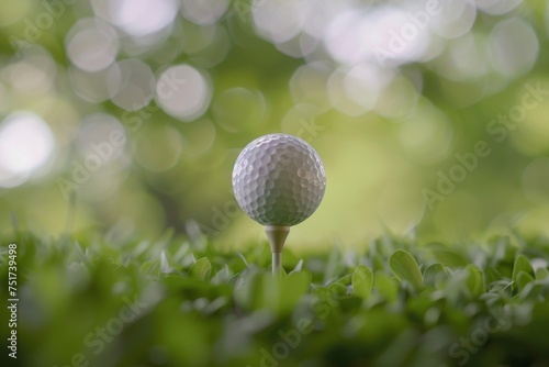 Golf ball on tee close up with blurred green bokeh background