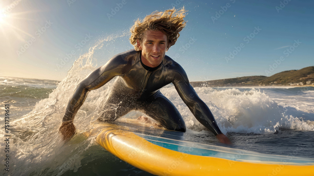 A man in a wetsuit surfing on a yellow surfboard. - obrazy, fototapety, plakaty 