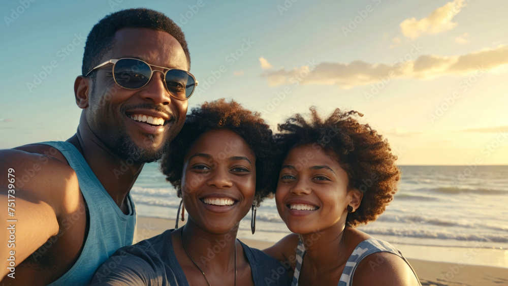 Selfie famille heureuse - vacances d'été plage - obrazy, fototapety, plakaty 