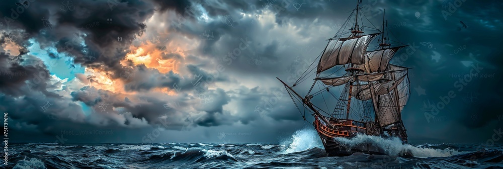 Antique Ship in Storm, Vintage Pirate Boat, Historical Sailboat, Copy Space - obrazy, fototapety, plakaty 