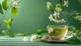 Green jasmine tea on wooden table with green backdrop