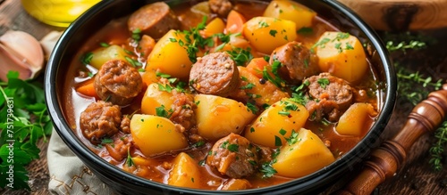 Delicious homemade beef stew with hearty potatoes and fresh carrots in a rustic bowl