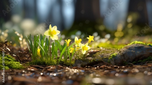 First clues of spring time. Flowers blooming on snow with green grass background, spring concept. Beautiful flowers growing on fresh lawn with snow, garden, gardening. Easter photo