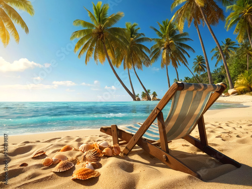 Île tropicale désertique avec palmier, chaise longue. Concept pour le repos, les vacances