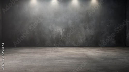 Studio Dark Room Background with Concrete Floor Texture, Spot Lighting, and Mist