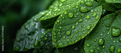 Macro close up of water droplets glistening on lush green leaf in nature