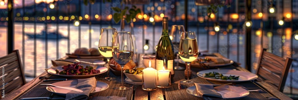 Served Dinner Table on Roof Terrace, Evening Food with Wine, Romantic Candles, Old Town View Served Dinner Table on Roof Terrace, Evening Food with Wine, Romantic Candles, Old Town View